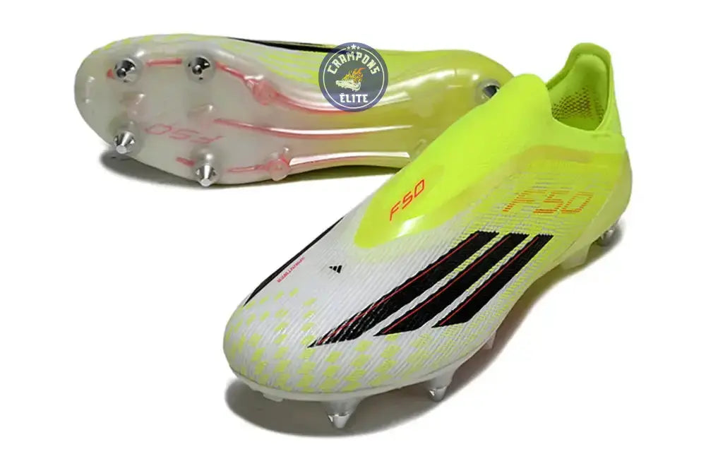 Image of Bottes de football F50 Laceless Elite SG, jaune néon avec rayures noires et accents rouge lucide, semelle à crampons.