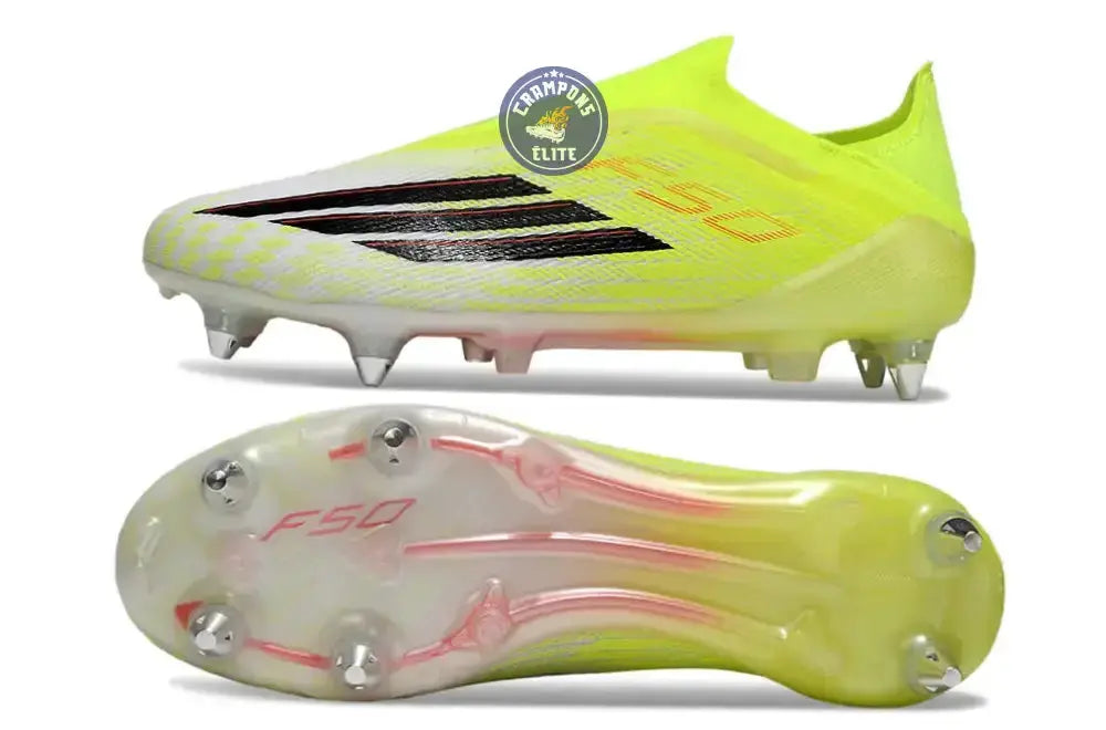 Image of Chaussure de football F50 LACELESS ELITE SG Born for Goals SG jaune/noir/rouge translucide, semelle à crampons